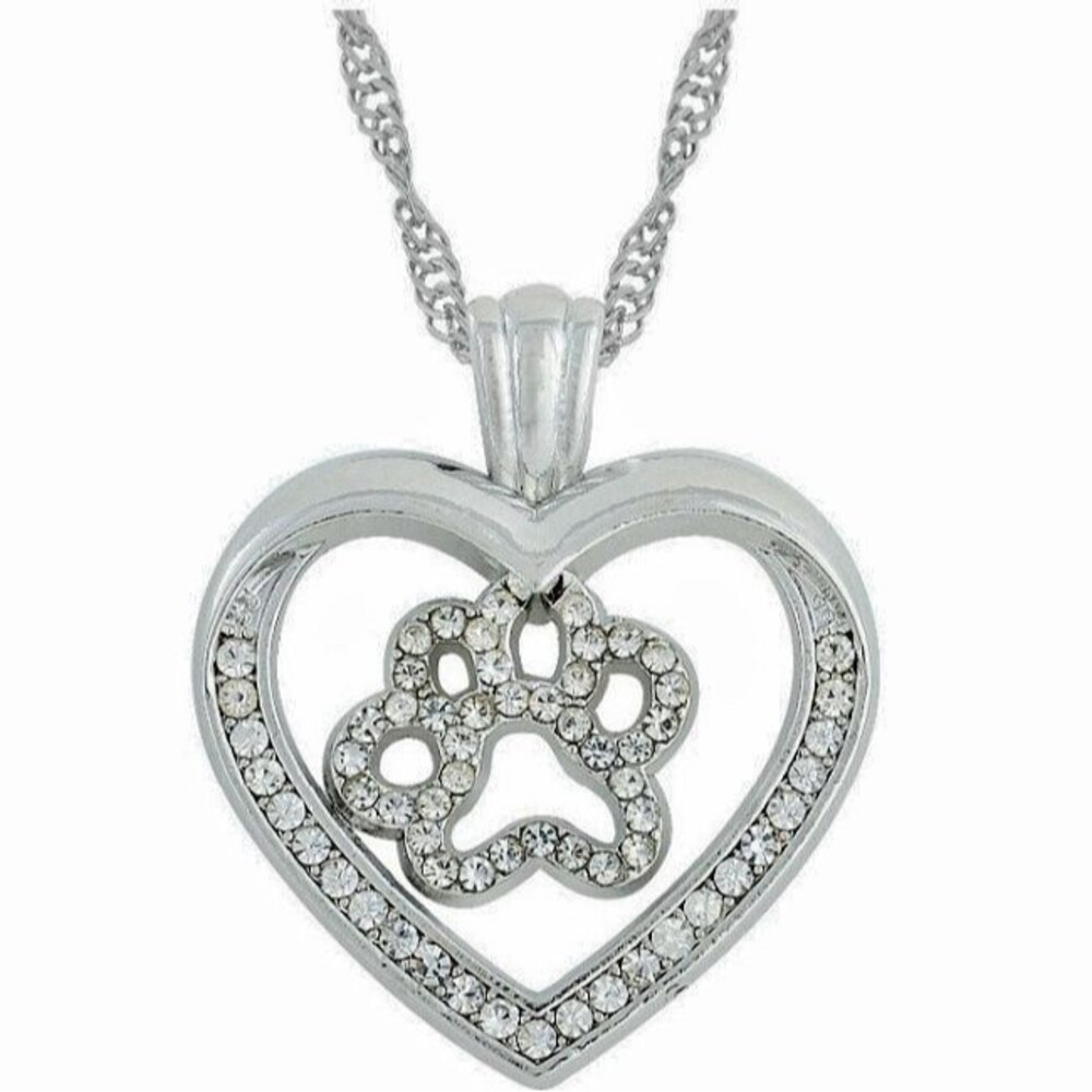 Paw Print Heart Necklace Silver tone Crystal Pendant Dog Cat Pet Lover Gift